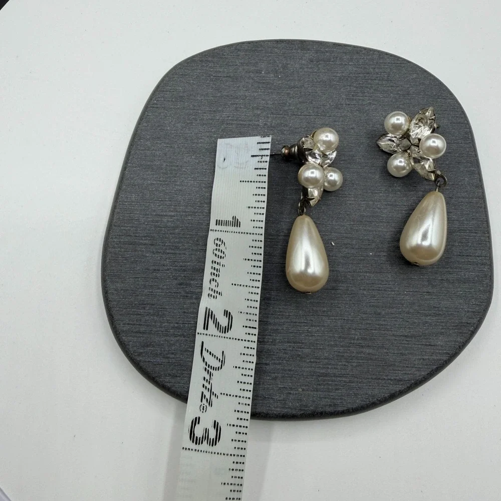 Faux Pearl Rhinestone Teardrop Dangle Earrings Bridal Coquette Statement Gift